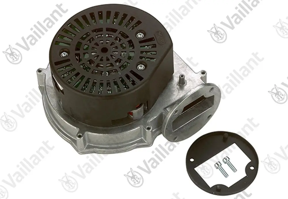 Vaillant Gebläse mit runder Gehäuseform und Netzabdeckung, aus Metall mit einer separaten Abdeckung und Schrauben, zur Luftzirkulation in Heizsystemen.